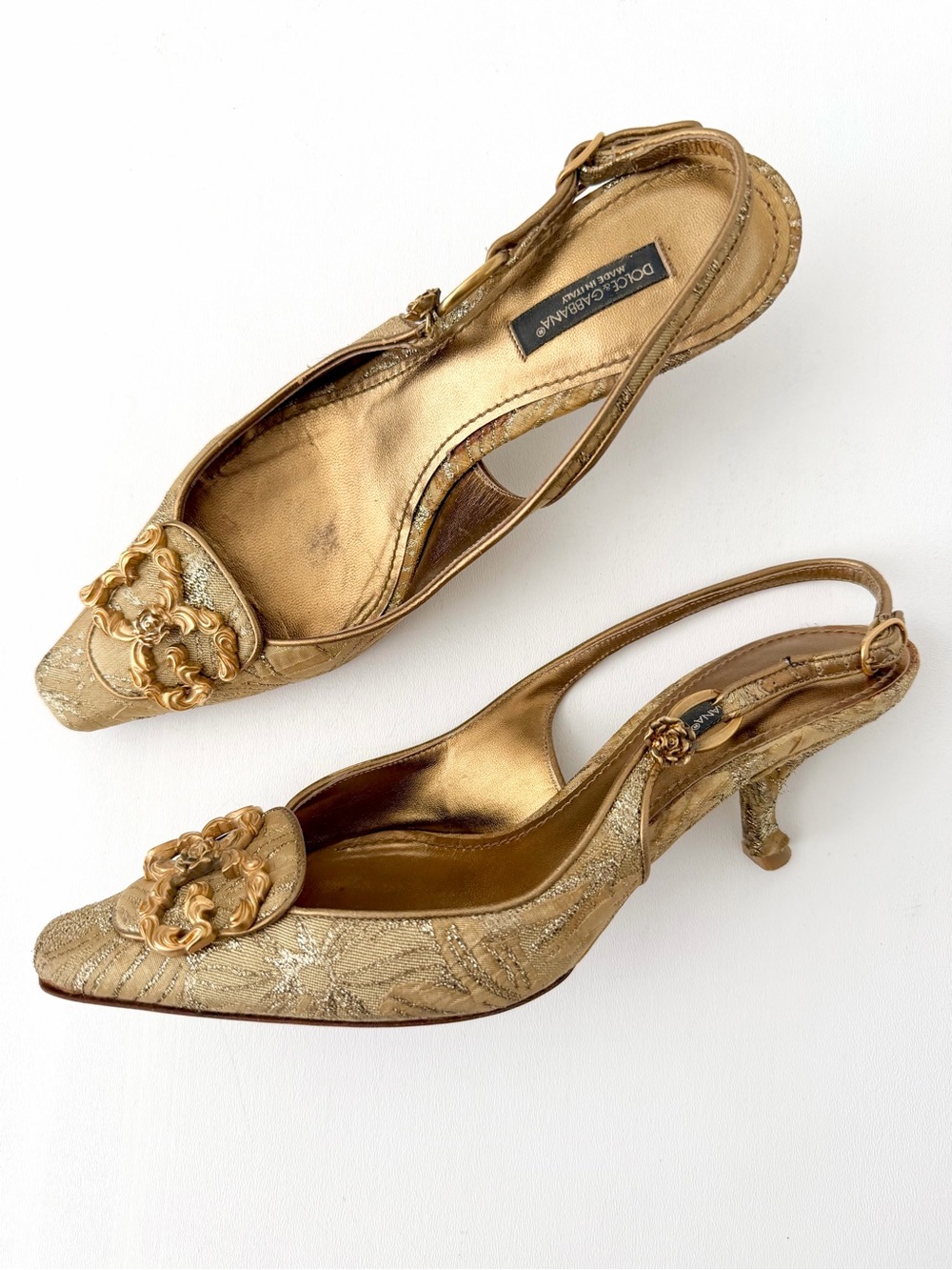 DOLCE & GABBANA | Vintage Gold Brocade Slingback Kitten Heel Pumps EU 37.5 - Picture 5 of 17